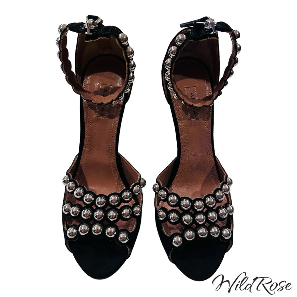 Alaia Black Suede Studded Ankle Strap Sandals Heels Size 36 - Picture 5 of 16